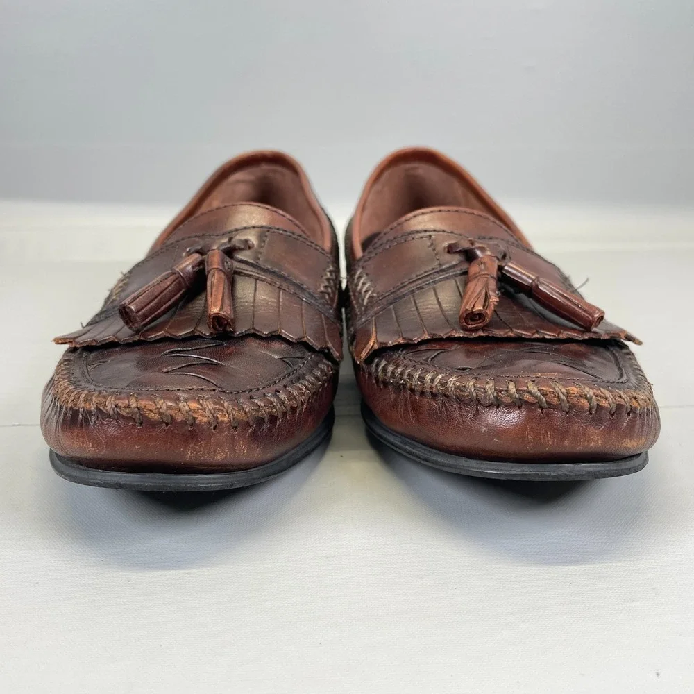 Bass Kiltie Tassel Loafers Mens Size 10M Brown Leather Woven Moc Toe Dress Shoes_3